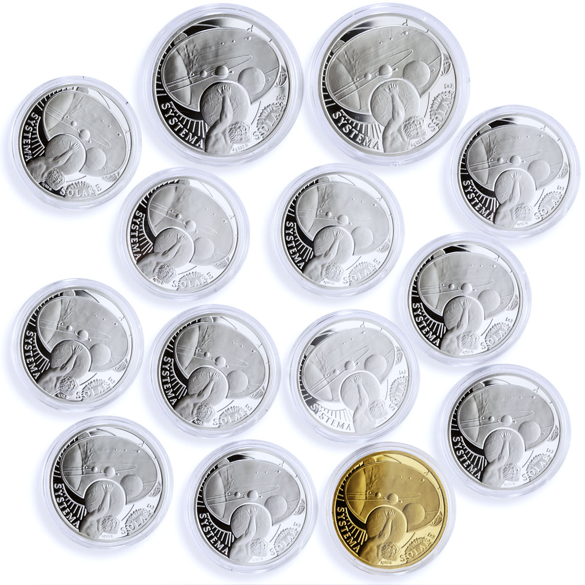 Poland set of 14 tokens Systema Solare Solar System Galaxy silver tokens 2009