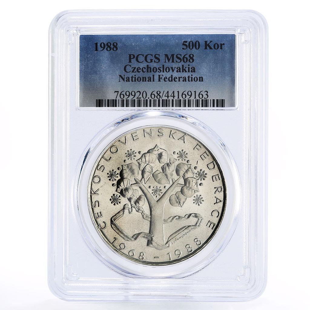 Czechoslovakia 500 korun National Federation Oak Tree MS68 PCGS silver coin 1988