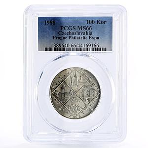 Czechoslovakia 100 korun Prague Philatelic Exposition MS66 PCGS silver coin 1988