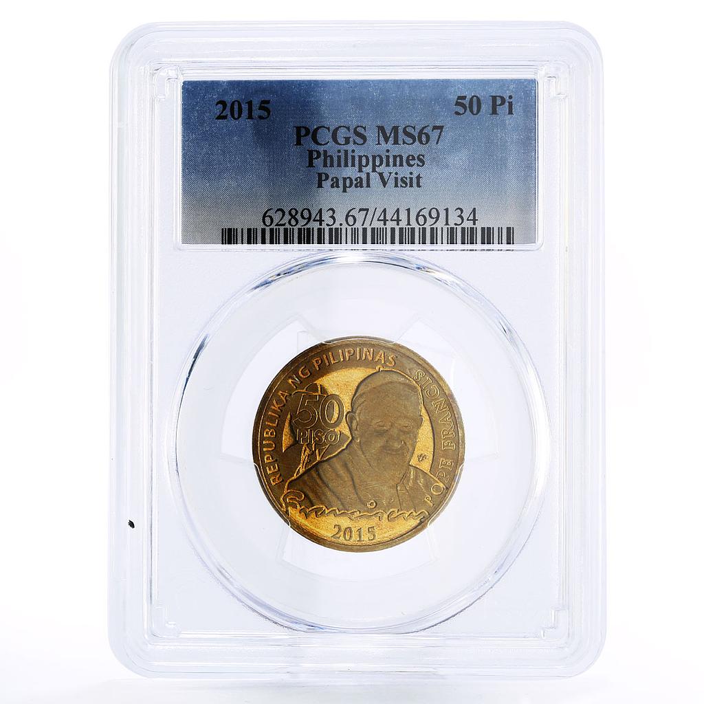 Philippines 50 piso Papal Visit Pope Francis MS67 PCGS NiBrass coin 2015