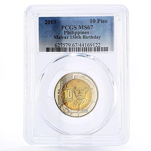 Philippines 10 piso Birthday of Sailor Miguel Malvar MS67 PCGS bimetal coin 2015