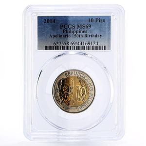 Philippines 10 piso Birthday of Teacher Apolinario MS69 PCGS bimetal coin 2014