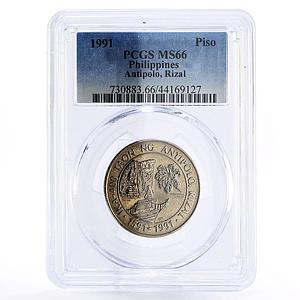 Philippines 1 piso Antipolo Rizal Fauna Waterfall MS66 PCGS CuNi coin 1991