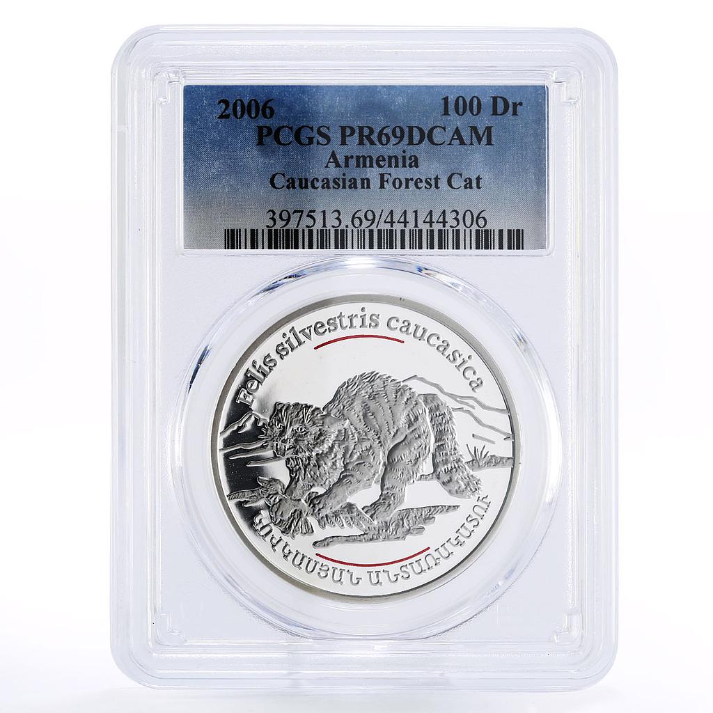 Armenia 100 dram Red Book Caucasian Forest Cat PR69 PCGS silver coin 2006