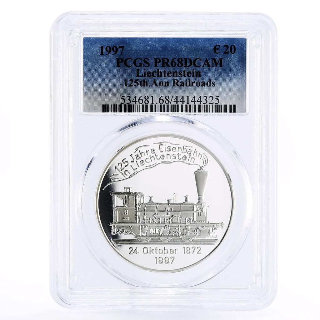 Liechtenstein 20 euro 125 Years of Railroads Train PR68 PCGS silver coin 1997