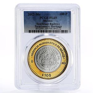 Mexico 100 pesos Numismatic Heritage South Railway PL69 PCGS bimetal coin 2012