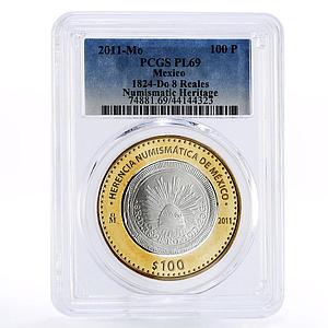 Mexico 100 pesos Numismatica Heritage 1824 8 Reales PL69 PCGS bimetal coin 2011