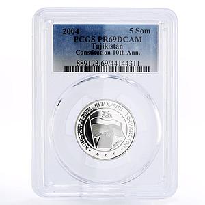 Tajikistan 5 somoni 10 Years of Constitution PR69 PCGS silver coin 2004