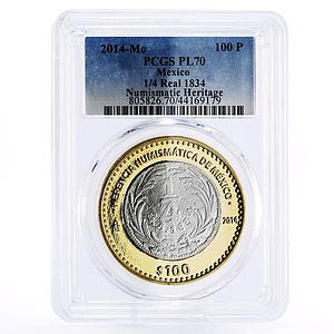 Mexico 100 pesos 1834 Upright eagle 1/4 real PL70 PCGS bimetal coin 2014