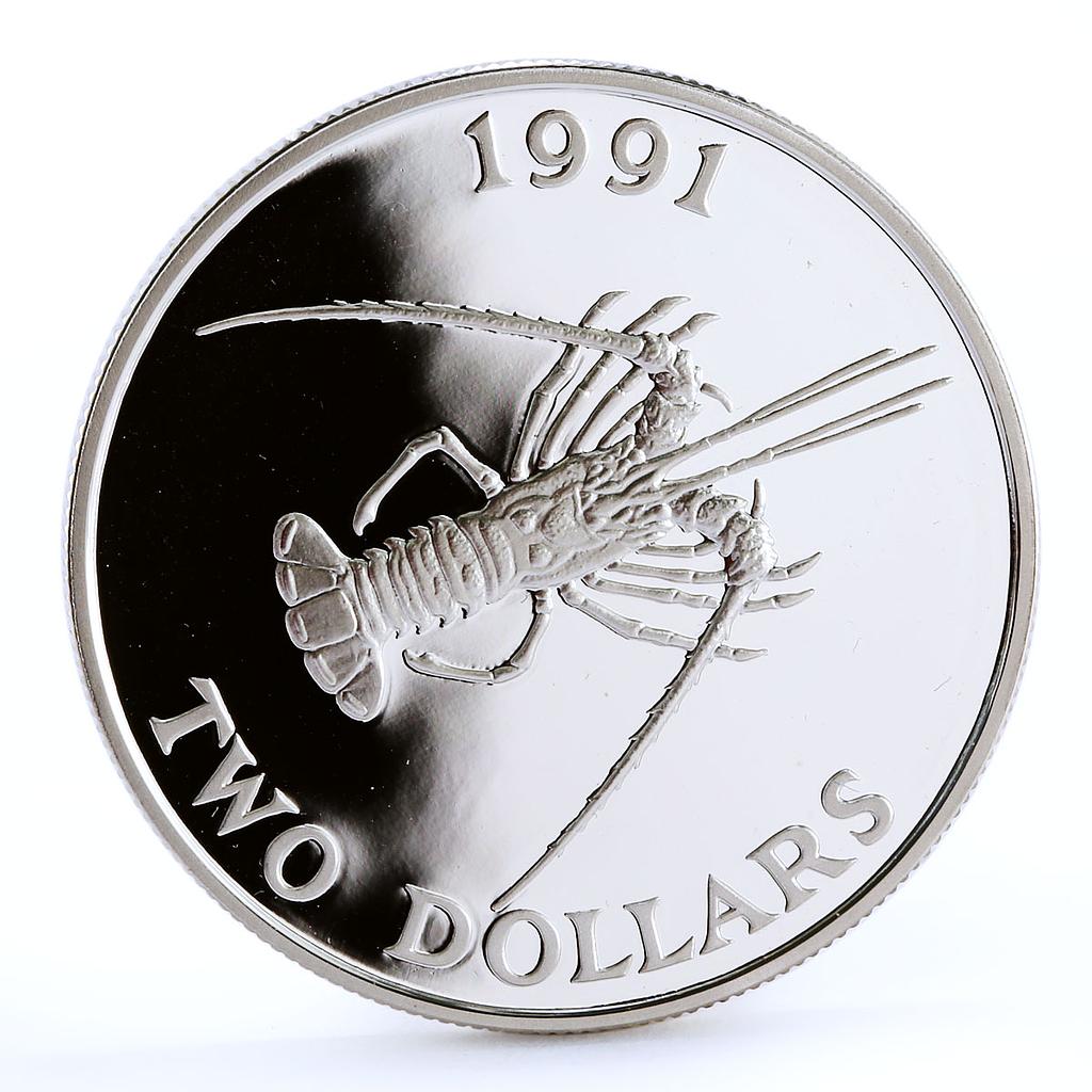 Bermuda 2 dollars Endangered Wildlife Spiny Lobster silver coin 1991