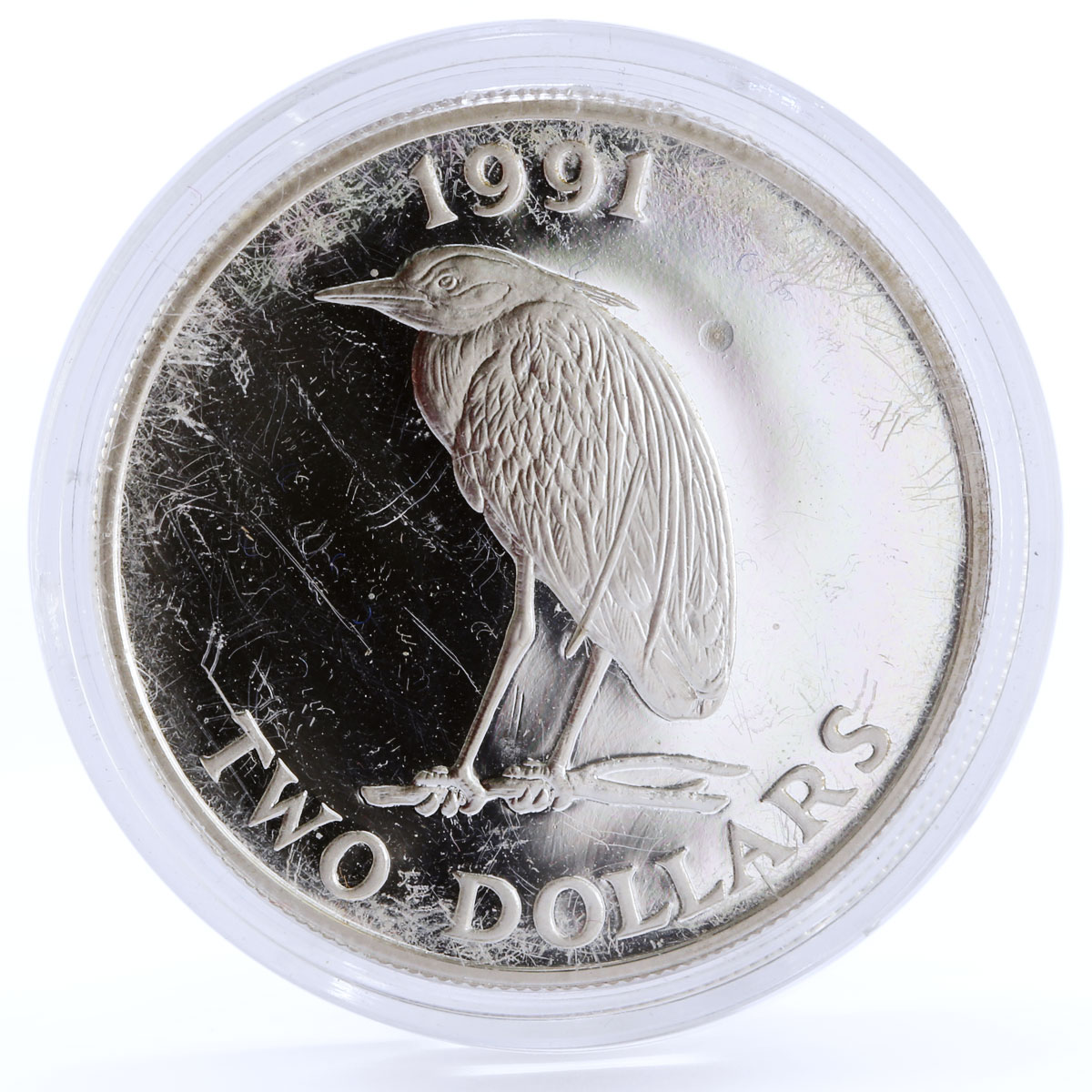 Bermuda 2 dollars Endangered Wildlife Yellow Night Heron Bird silver coin 1991