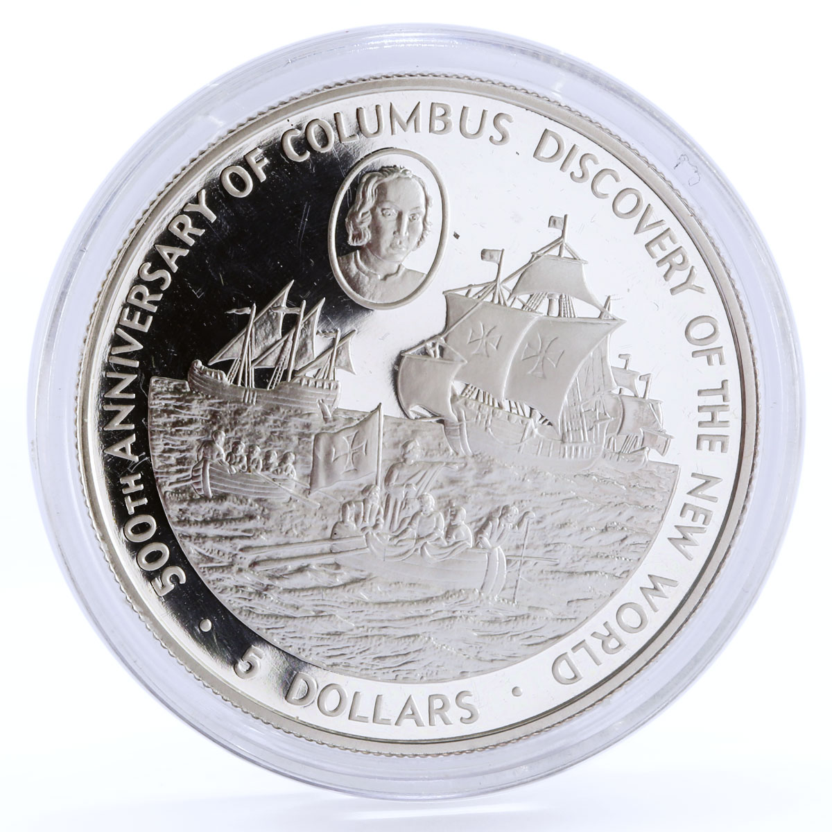 Cayman Islands 5 dollars Columbus New World Ship Clipper Boat silver coin 1988