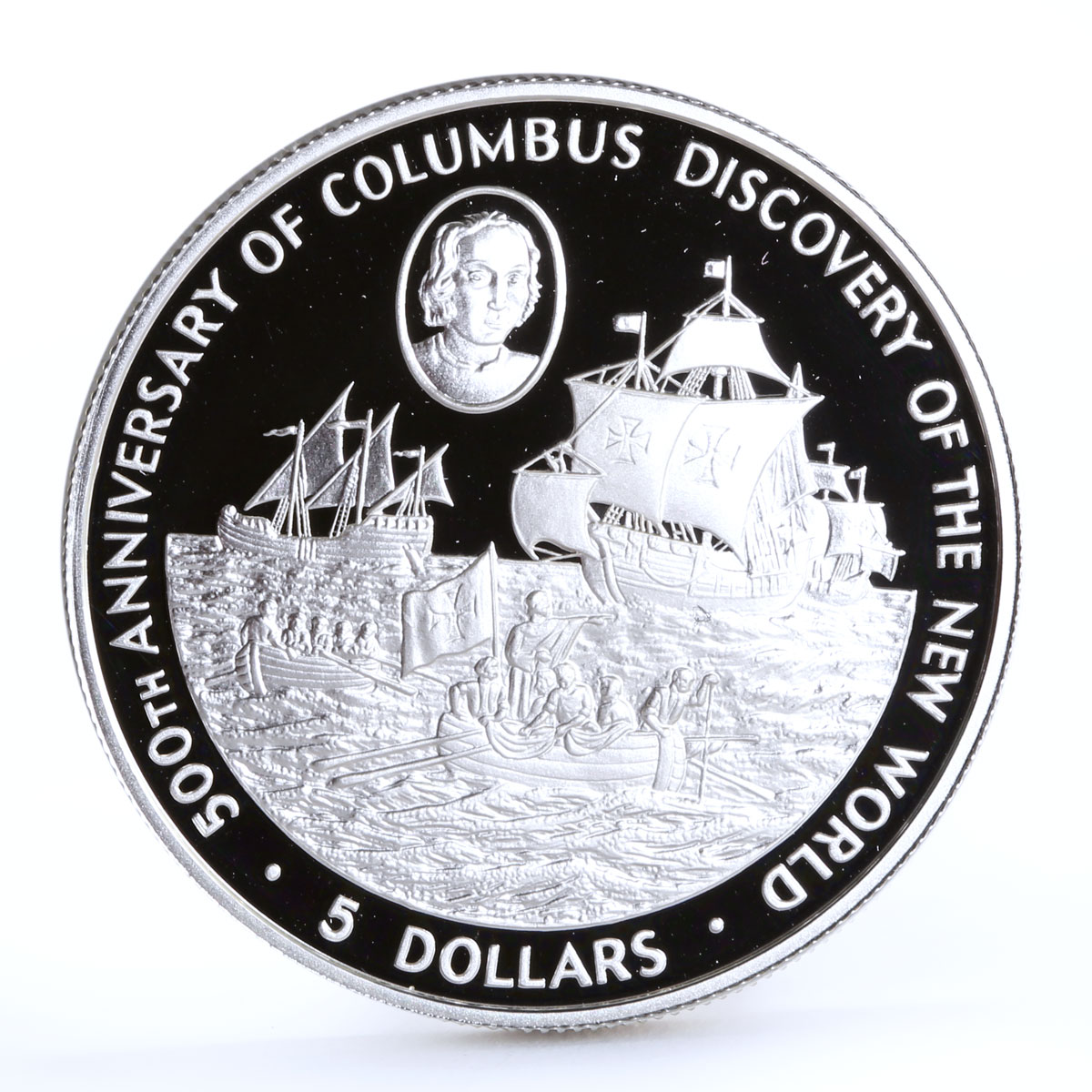 Cayman Islands 5 dollars Columbus New World Ship Clipper Boat silver coin 1988