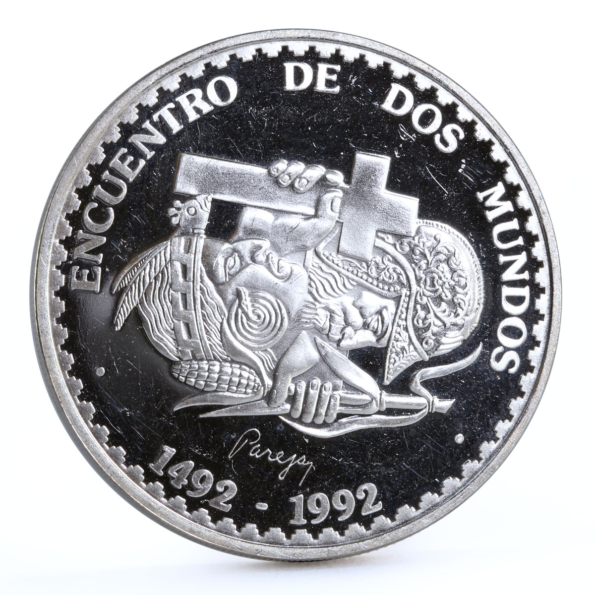 Peru 1 sol Meeting of Two Worlds Spanish Conquistador Indian silver coin 1991