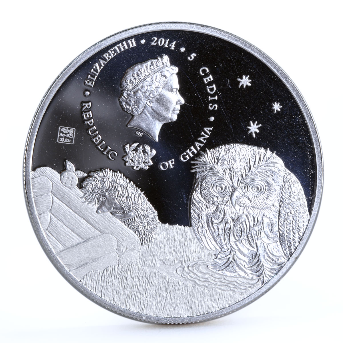 Ghana 5 cedis The Hedgehog and The Owl colored silver coin 2014