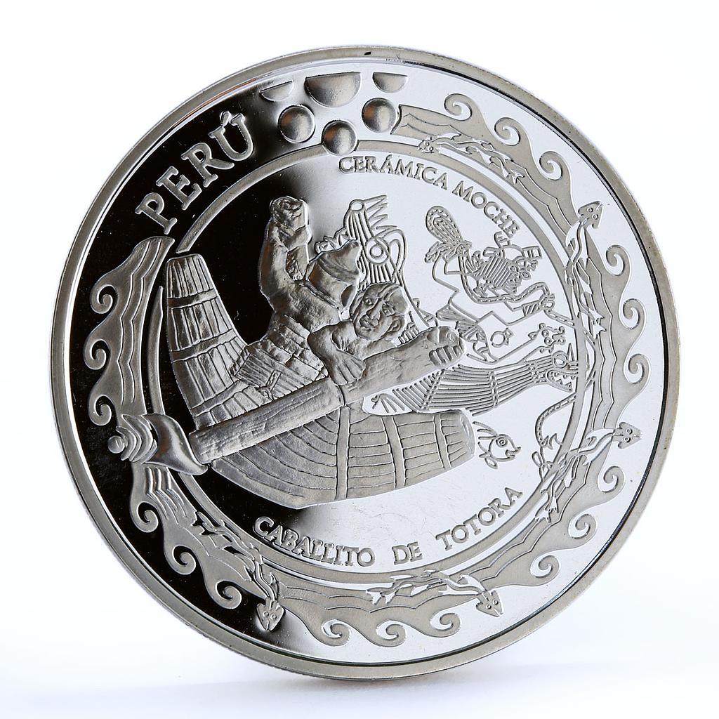 Peru 1 sol Ibero-American series Indians Sailing Moche Ceramic silver coin 2002