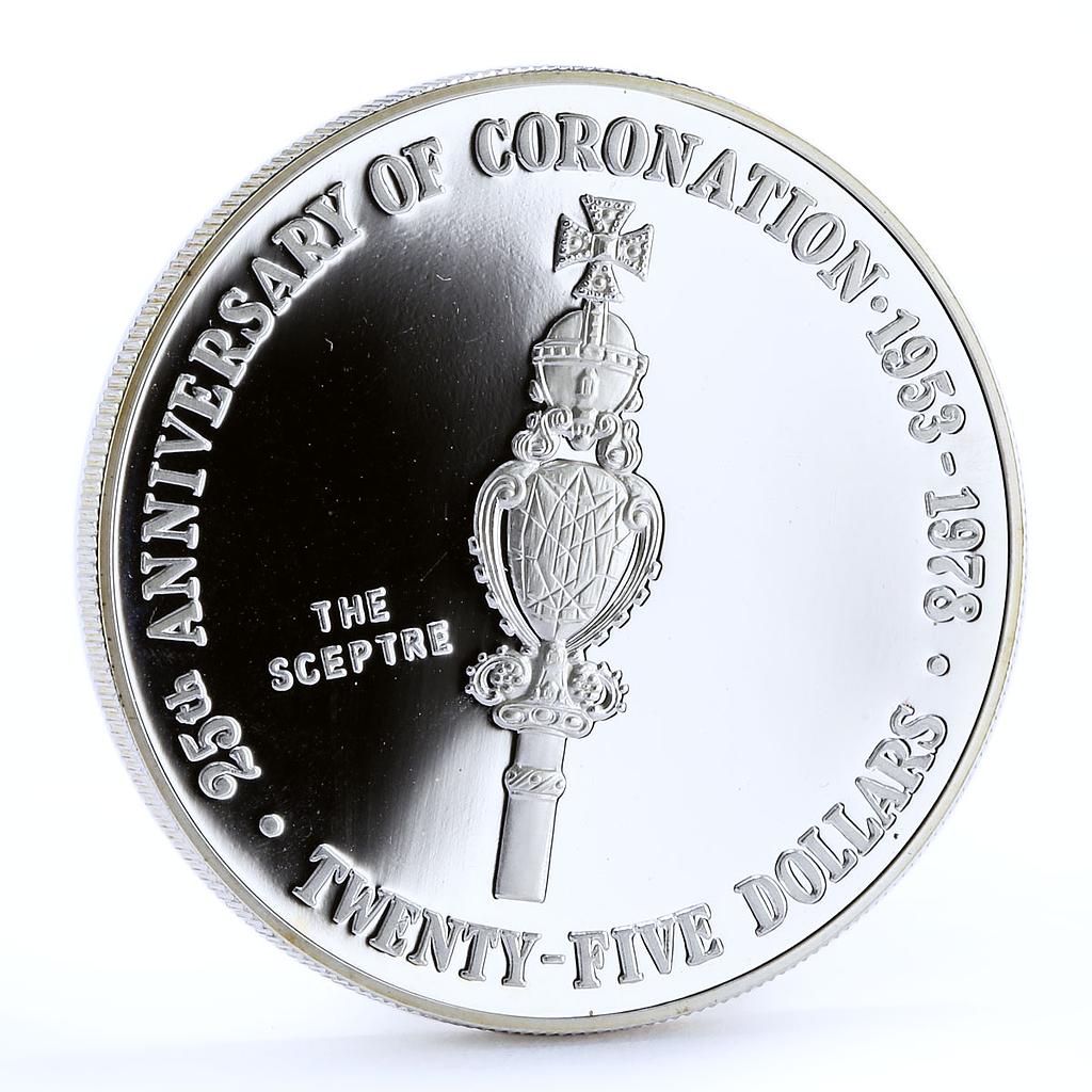 Cayman Islands 25 dollars 25th Coronation Jubilee Royal Sceptre silver coin 1978