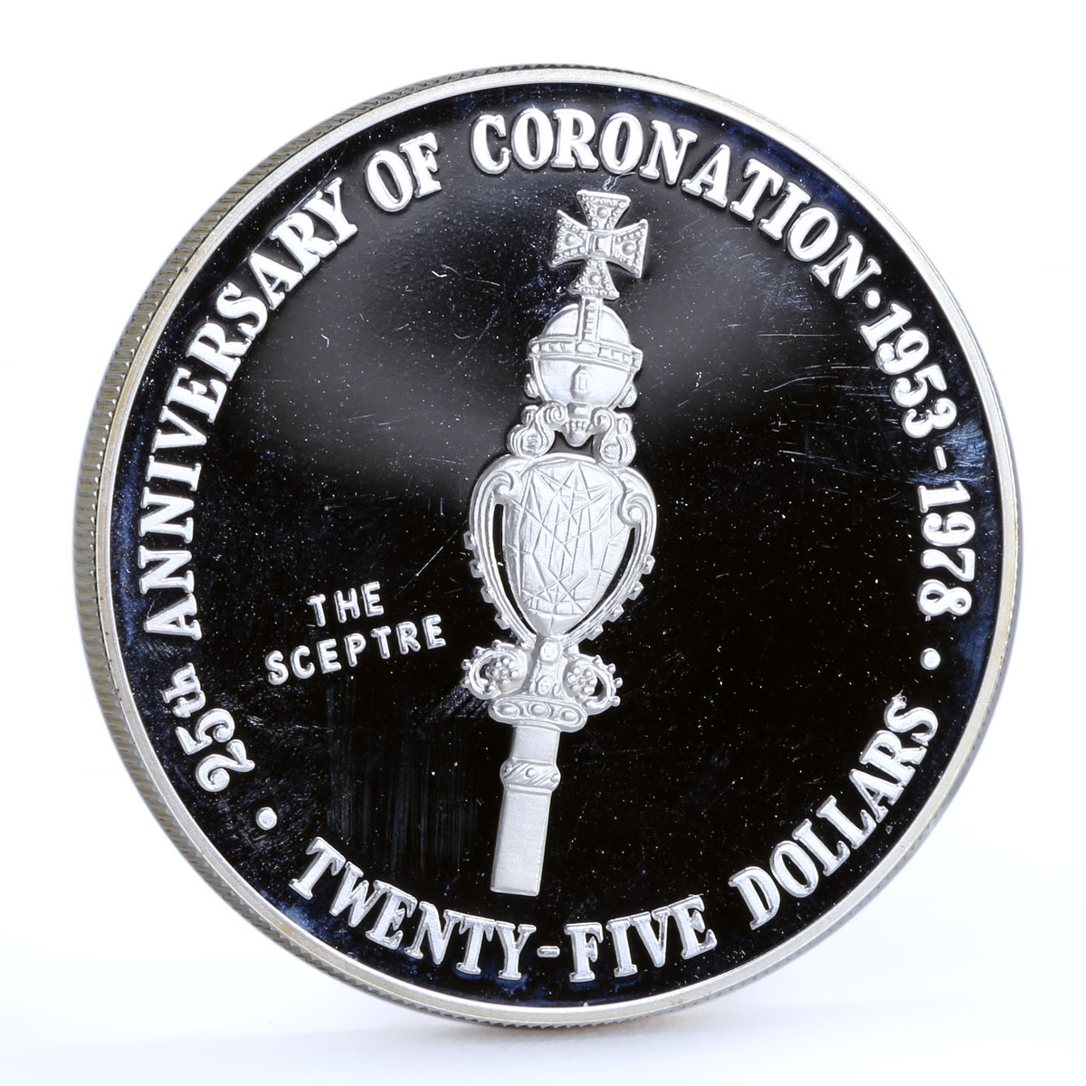 Cayman Islands 25 dollars 25th Coronation Jubilee Royal Sceptre silver coin 1978