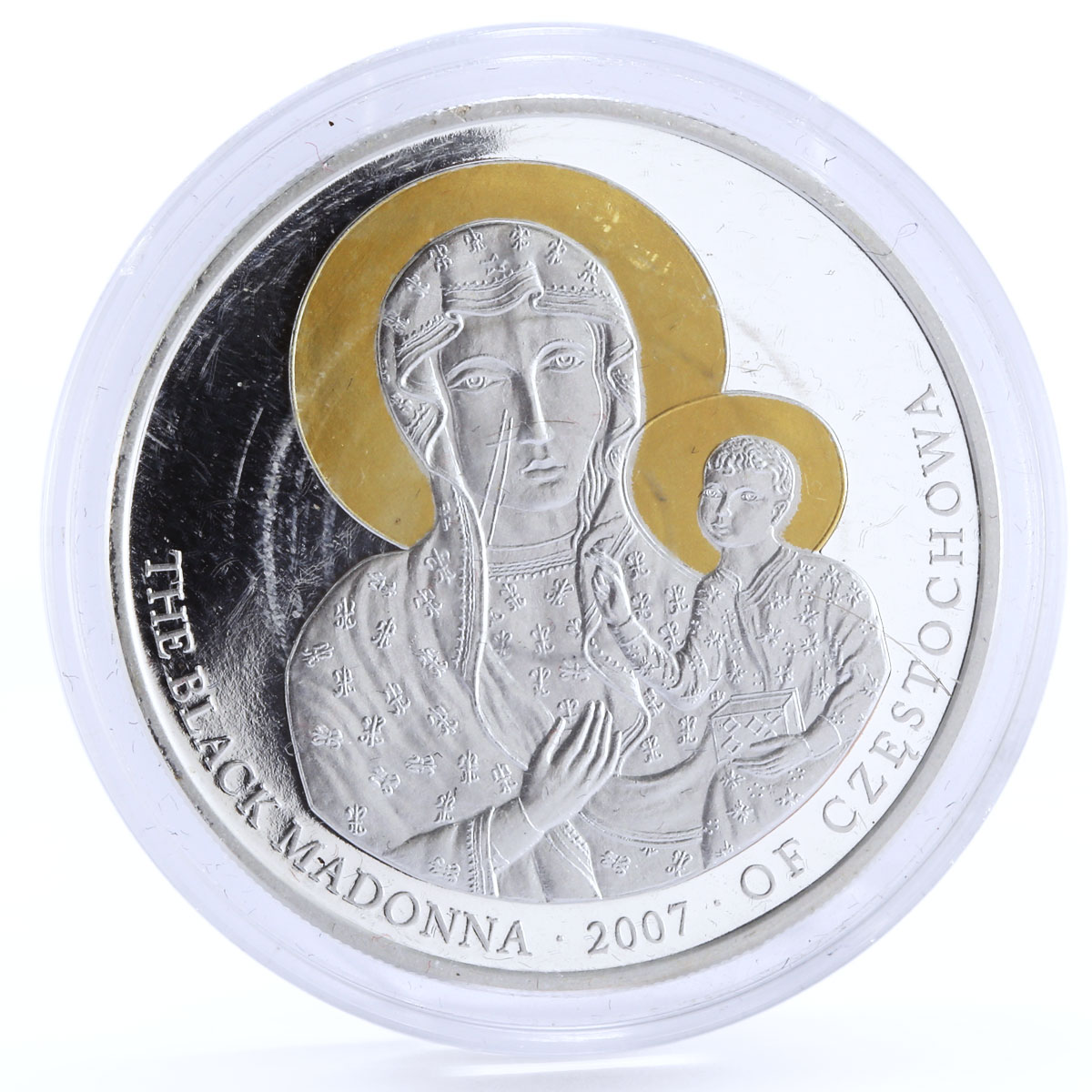 Liberia 5 dollars The Black Madonna Czestochowa gilded proof CuNi coin 2007