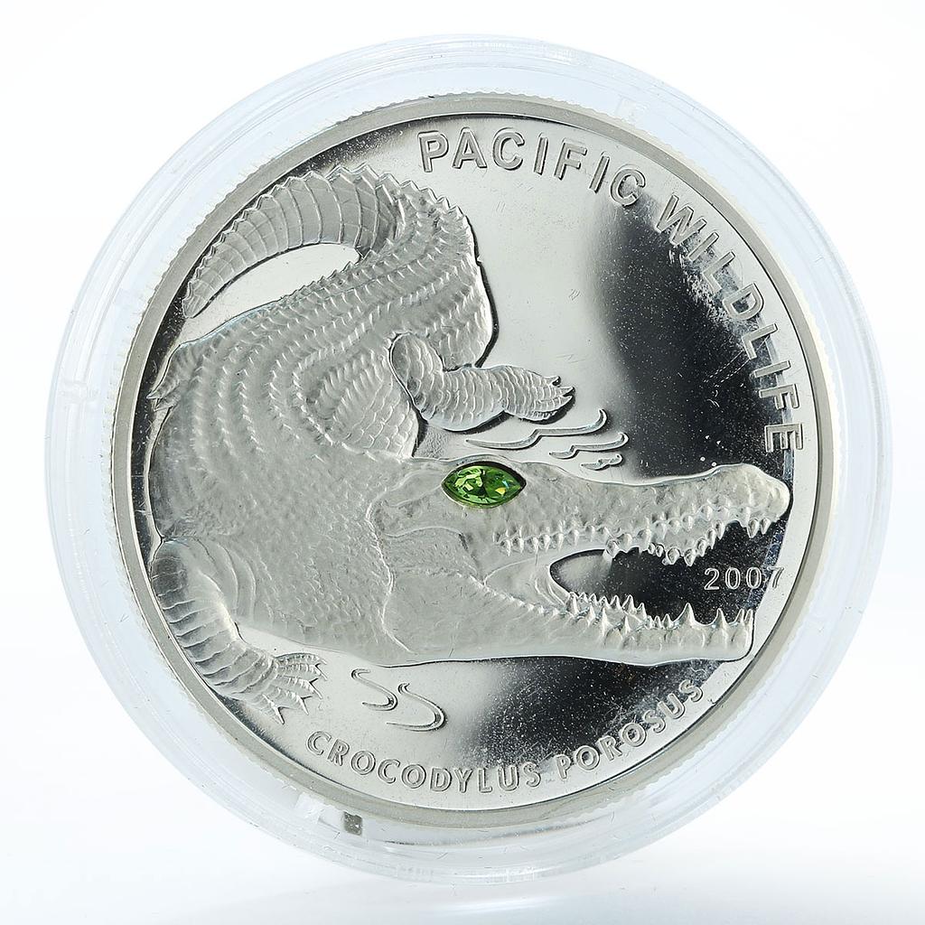 Palau 5 Dollars Pacific Wildlife Saltwater Crocodile Swarovski silver coin 2007