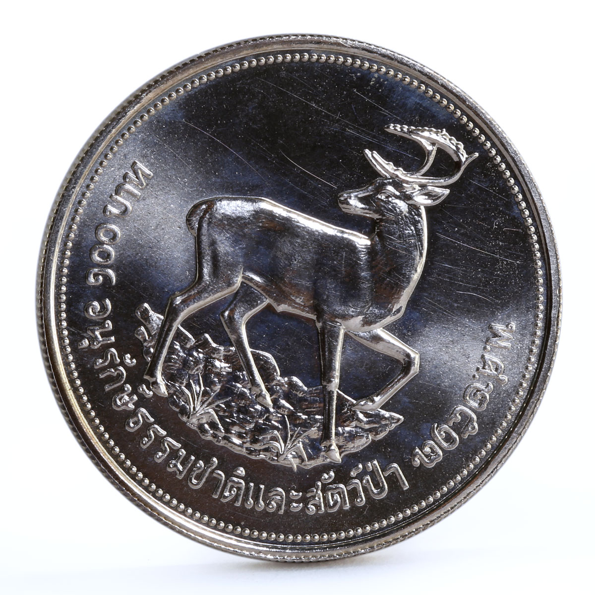 Thailand 100 baht World Wildlife Fund series Deer silver coin 1974