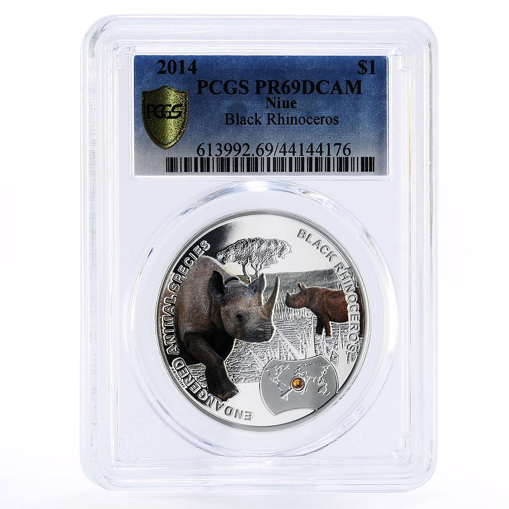 Niue 1 dollar Endangered Wildlife Balck Rhinoceros PR69 PCGS silver coin 2014