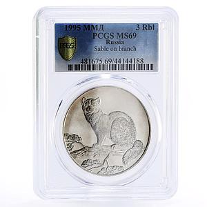 Russia 3 rubles Endangered Wildlife Fauna Sable MS69 PCGS silver coin 1995