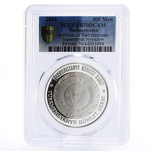 Turkmenistan 500 manat State Emblem President Nyazow PR70 PCGS silver coin 2001