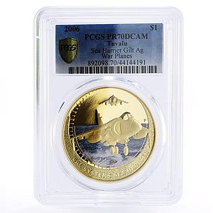 Tuvalu 1 dollar Aviation War Plane Sea Harrier PR70 PCGS gilded silver coin 2006