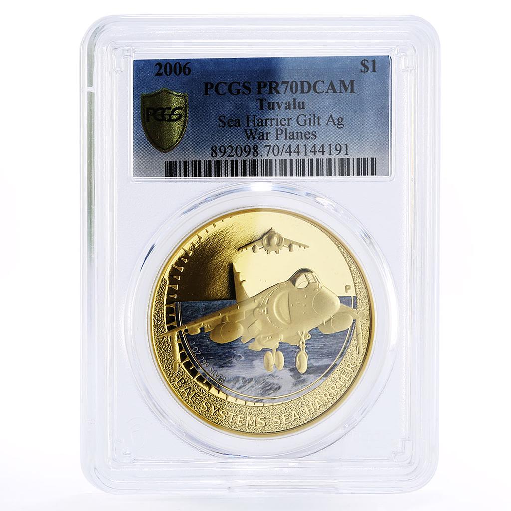 Tuvalu 1 dollar Aviation War Plane Sea Harrier PR70 PCGS gilded silver coin 2006