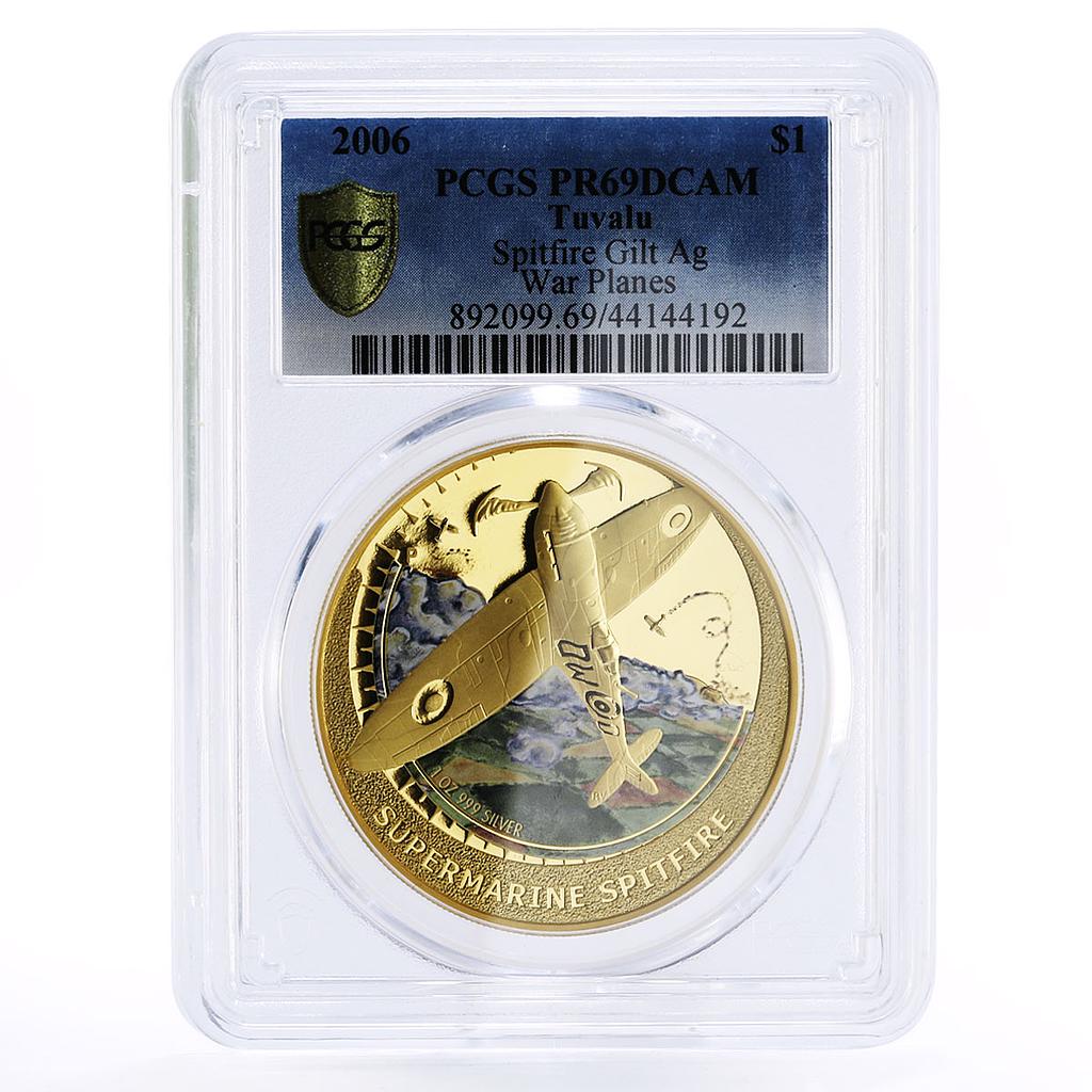 Tuvalu 1 dollar Aviation War Planes Spitfire PR69 PCGS gilded silver coin 2006