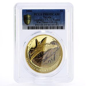 Tuvalu 1 dollar Aviation War Planes F22 Raptor PR69 PCGS gilded silver coin 2006