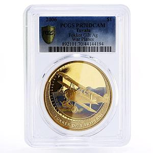 Tuvalu 1 dollar Aviation War Planes Fokker PR70 PCGS gilded silver coin 2006