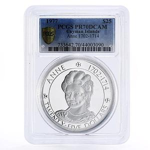 Cayman Islands 25 dollars Queen Anne PR70 PCGS silver coin 1977