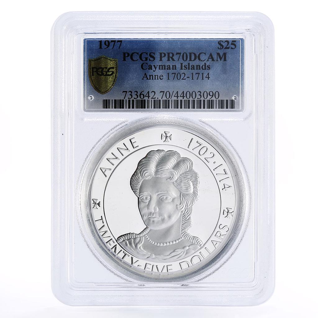 Cayman Islands 25 dollars Queen Anne PR70 PCGS silver coin 1977