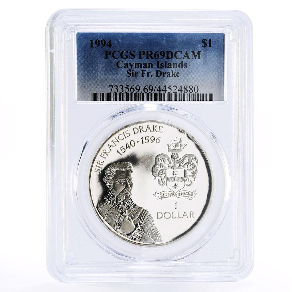 Cayman Islands 1 dollar Pirate Sir Francis Drake PR69 PCGS silver coin 1994