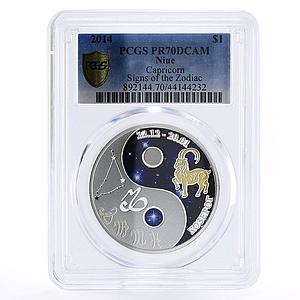 Niue 1 dollar Zodiac Signs series Capricorn PR70 PCGS colored silver coin 2014