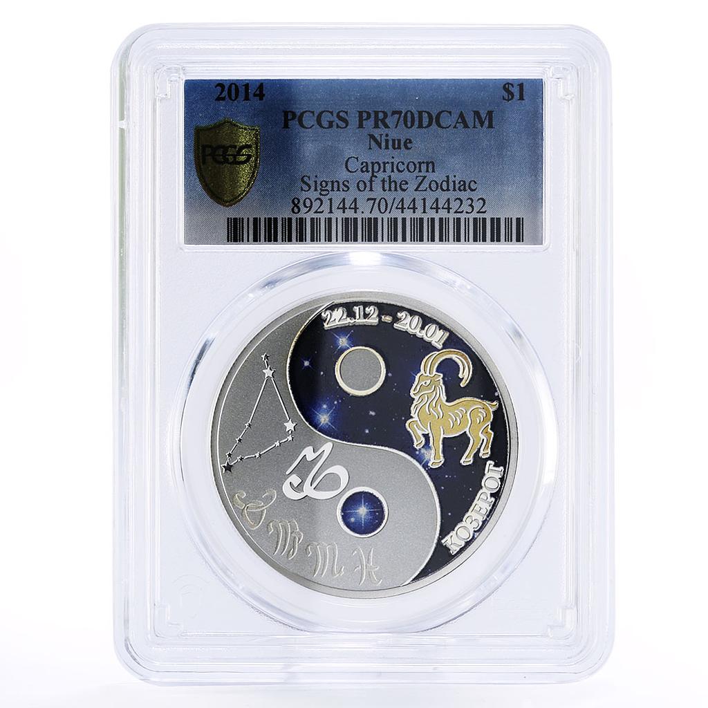Niue 1 dollar Zodiac Signs series Capricorn PR70 PCGS colored silver coin 2014
