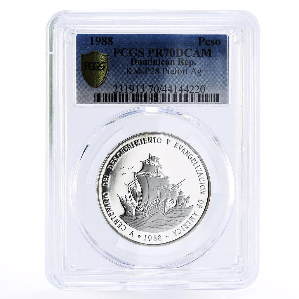 Dominican Republic 1 peso Discovery America Ship PR70 PCGS piedfort silver 1988