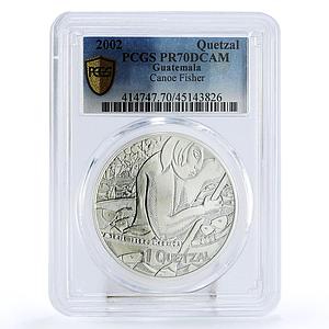 Guatemala 1 quetzal Maya Canoe Boat Indian Fisher PR70 PCGS silver coin 2002