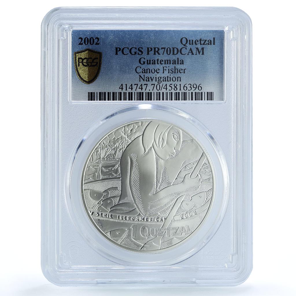 Guatemala 1 quetzal Maya Canoe Boat Indian Fisher PR70 PCGS silver coin 2002 Guatemala 1 quetzal Maya Canoe Boat Indian Fisher PR70 PCGS silver coin 2002