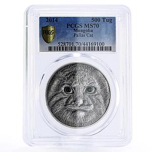 Mongolia 500 togrog Endangered Wildlife Steppe Manul MS70 PCGS silver coin 2014