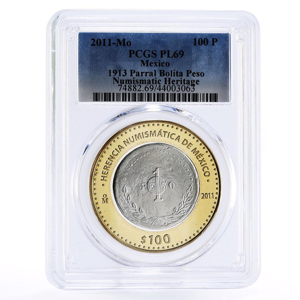 Mexico 100 pesos Numismatic Heritage Bolita Peso PL69 PCGS bimetal coin 2011