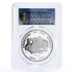 Peru 1 sol Meeting of Two Worlds Conquistador Indian PR69 PCGS silver coin 1991