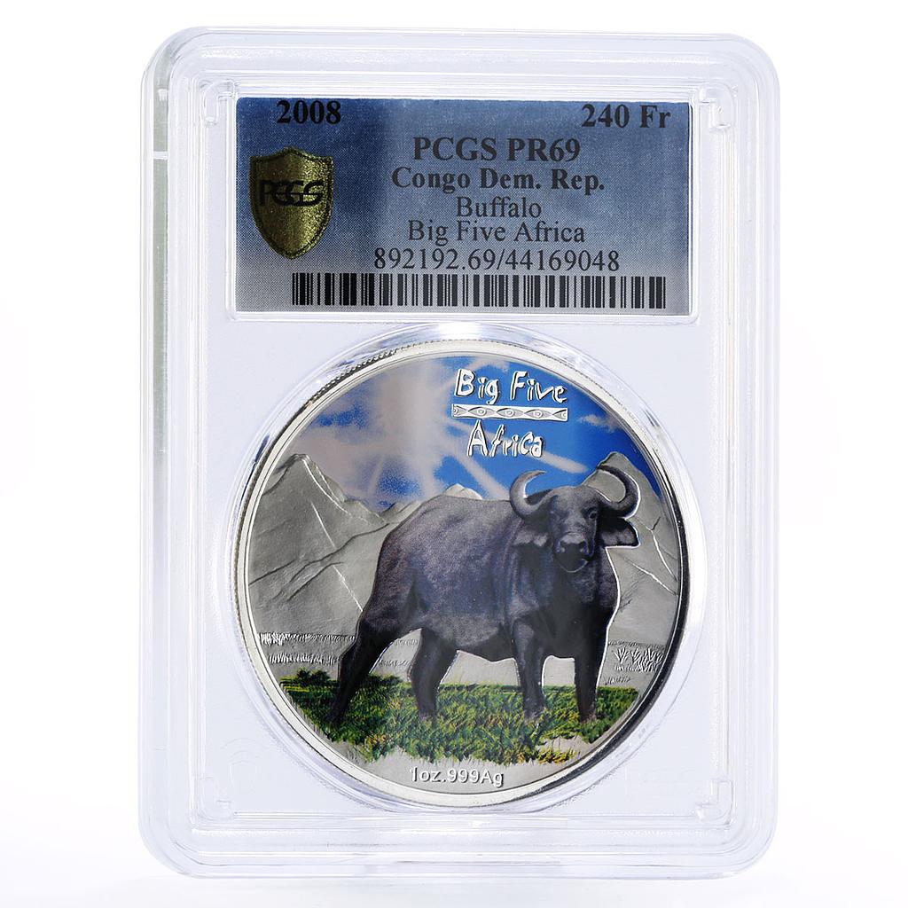 Congo 240 francs African Wildlife series Buffalo Bull PR69 PCGS silver coin 2008