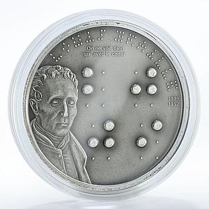 Palau, 5 dollars 2009, Louis Braille 200th Birthday, Antique-Finish Silver