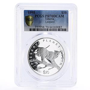 Liberia 10 dollars Endangered Wildlife Leopard Fauna PR70 PCGS silver coin 1995