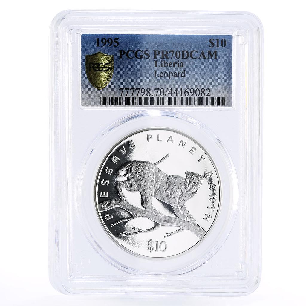 Liberia 10 dollars Endangered Wildlife Leopard Fauna PR70 PCGS silver coin 1995