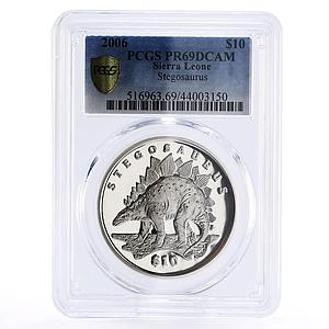 Sierra Leone 10 dollars Prehistoric Stegosaurus PR69 PCGS silver coin 2006