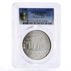 Vietnam 100 dong Historic Ship Large Dragon Ship MS69 PCGS silver coin 1988